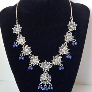 VTG Floral Bib Necklace, Silvertone with Blue Gray Stones and Blue Dangle Beads